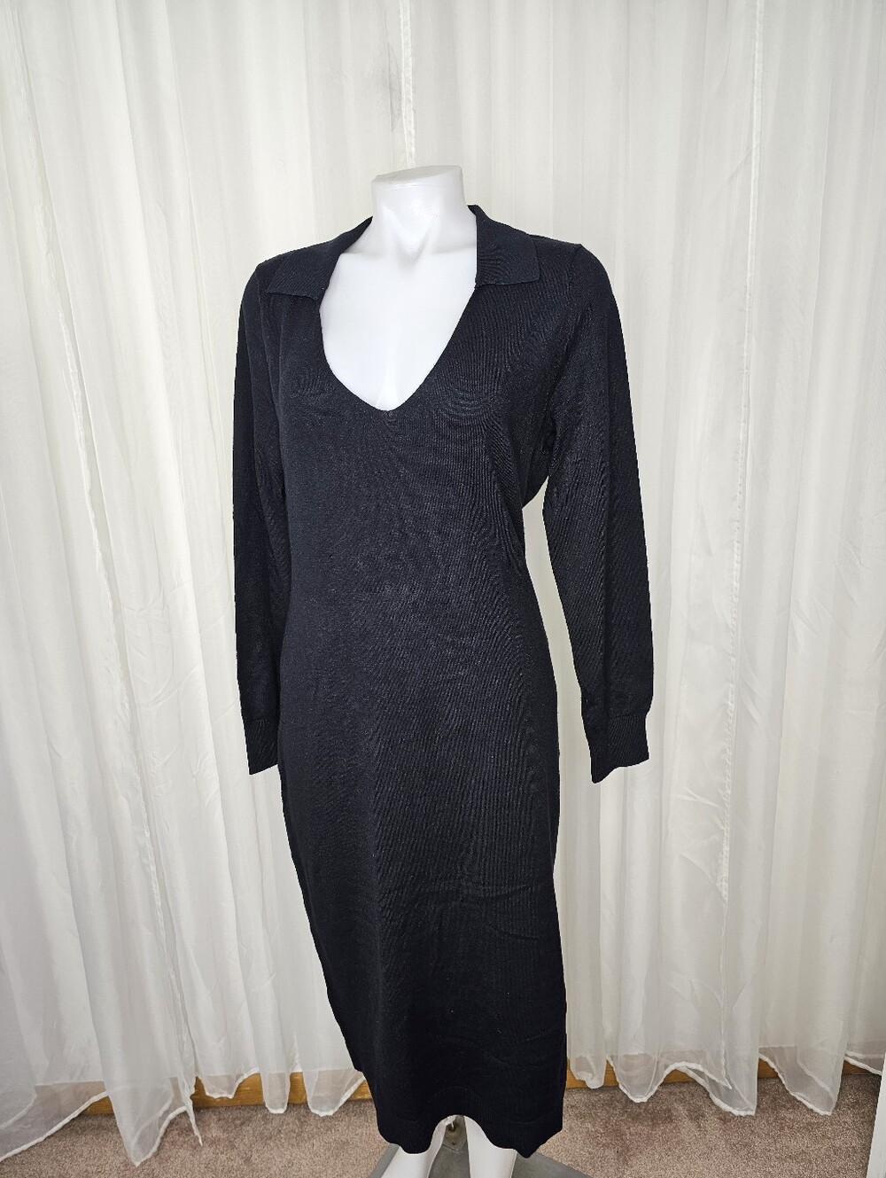 525 America Raya Black Polo Dress Collared V-Neck Knit Midi Sweater NEW Medium